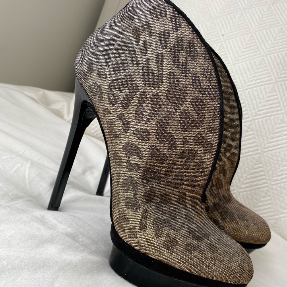 Brian Atwood Silver Leopard Platform Heel Booties